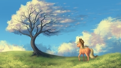 Size: 3307x1860 | Tagged: safe, artist:bluespaceling, applejack, earth pony, pony, g4, applebutt, butt, cowboy hat, female, grass field, hat, mare, plot, scenery, solo, stetson, tree