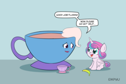 Size: 1000x667 | Tagged: safe, artist:empyu, princess flurry heart, trixie, alicorn, pony, unicorn, g4, banana, banana for scale, cup, duo, female, food, horn, inanimate tf, mare, objectification, teacup, teacupified, that pony sure does love teacups, transformation, trixie teacup, wings