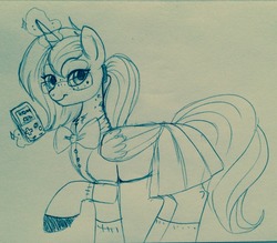 Size: 1280x1119 | Tagged: safe, artist:lulubell, princess luna, g4, clothes, female, freckles, game boy, glasses, school uniform, sketch, solo, traditional art