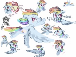 Size: 1024x768 | Tagged: safe, artist:cutebeerfloat, artist:supernoncutie, fluttershy, rainbow dash, pegasus, pony, g4, annoyed, confident, emotions, female, flying, grin, lesbian, onomatopoeia, ship:flutterdash, shipping, simple background, sketch, sketch dump, smiling, smooch, smug, solo focus, spread wings, white background, wings