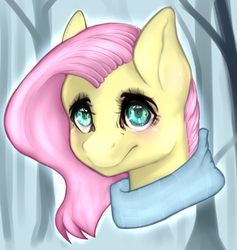 Size: 1025x1080 | Tagged: safe, artist:chiromio, fluttershy, pegasus, pony, g4, alternate hairstyle, bust, clothes, female, mare, portrait, scarf, solo