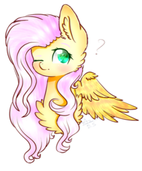 Size: 1000x1200 | Tagged: safe, artist:sunshine-floweymlp, fluttershy, pegasus, pony, g4, bust, chest fluff, cute, ear fluff, female, looking at you, looking sideways, one eye closed, portrait, question mark, shyabetes, simple background, solo, spread wings, transparent background, wings, wink