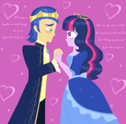 Size: 1196x1176 | Tagged: safe, artist:purfectprincessgirl, flash sentry, twilight sparkle, equestria girls, g4, barbie, crown, duo, female, jewelry, looking at each other, male, regalia, ship:flashlight, shipping, smiling, straight