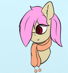 Size: 708x766 | Tagged: safe, artist:leapingriver, oc, oc only, oc:sugar loaf, earth pony, pony, bangs, blue background, bust, clothes, colored pupils, covering eyes, ear fluff, female, hair over one eye, portrait, scarf, simple background, smiling, solo