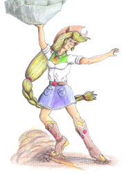 Size: 1505x2107 | Tagged: safe, artist:edhelistar, applejack, equestria girls, g4, arms in the air, boots, clothes, cowboy boots, cowboy hat, dust cloud, geode of super strength, hands in the air, hat, human coloration, legs, ponied up, shoes, simple background, skirt, stetson, super strength, traditional art, white background