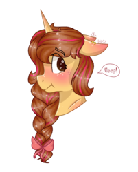 Size: 853x1062 | Tagged: safe, artist:person8149, oc, oc only, oc:ameenah, pony, unicorn, blushing, braid, bust, female, mare, meep, portrait, simple background, solo, transparent background