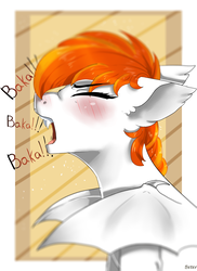 Size: 1600x2200 | Tagged: artist needed, source needed, safe, oc, oc only, oc:sticky snow, bat pony, pony, baka, bat wings, blushing, eyes closed, female, mare, redhead, simple background, spread wings, wings, yelling