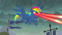 Size: 280x158 | Tagged: safe, screencap, rainbow dash, g4, secrets and pies, adorapiehater, cute, evil pie hater dash, eye beams, female, flying, smiling, solo