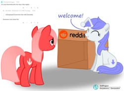 Size: 2884x2116 | Tagged: safe, artist:arifproject, oc, oc only, oc:discentia, oc:downvote, earth pony, pony, derpibooru, g4, box, cardboard box, derpibooru ponified, downvote, duo, high res, inkscape, meta, ponified, reddit, simple background, smiling, transparent background, vector