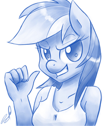 Size: 1500x1800 | Tagged: safe, artist:steffy-beff, rainbow dash, anthro, g4, clothes, female, pointing, simple background, smiling, solo, white background