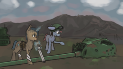 Size: 2158x1216 | Tagged: safe, artist:surcouff, oc, oc only, fallout equestria, cloud, goggles, gun, magic, mountain, saddle bag, shotgun, tank (vehicle), wasteland, weapon