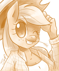 Size: 1500x1800 | Tagged: safe, artist:steffy-beff, applejack, anthro, g4, clothes, cowboy hat, food, hat, one eye closed, shirt, smiling, stetson, straw in mouth, wheat, wink