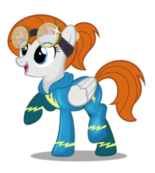 Size: 970x1080 | Tagged: safe, artist:noah-x3, oc, oc only, oc:sky chase, pegasus, pony, clothes, female, goggles, mare, raised hoof, show accurate, simple background, solo, transparent background, uniform, wonderbolts uniform