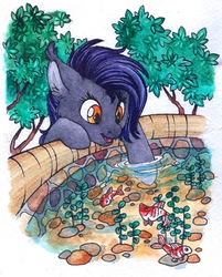 Size: 897x1117 | Tagged: safe, artist:red-watercolor, oc, oc only, oc:dawn sentry, bat pony, fish, pony, cute, smiling, solo, traditional art, water, watercolor painting