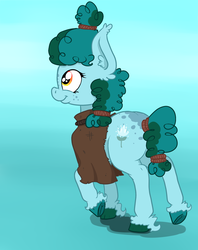 Size: 1449x1833 | Tagged: safe, artist:paskanaakka, derpibooru exclusive, oc, oc only, oc:gleamblossom, earth pony, pony, abstract background, butt freckles, cloak, clothes, colored hooves, ear fluff, female, freckles, mare, smiling, solo, tail wrap, unshorn fetlocks, walking