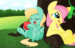 Size: 3336x2168 | Tagged: safe, artist:glitterstar2000, fluttershy, zephyr breeze, lizard, pegasus, pony, g4, apple, blank flank, brother and sister, colt, colt zephyr breeze, duo, eyes closed, female, filly, filly fluttershy, folded wings, food, hair over one eye, high res, holding, leaning, looking at something, male, open mouth, sitting, smiling, tree, under the tree, underhoof, wings, younger