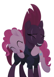 Size: 2144x3063 | Tagged: safe, artist:brisineo, fizzlepop berrytwist, pinkie pie, tempest shadow, earth pony, pony, unicorn, g4, my little pony: the movie, armor, broken horn, cute, diapinkes, duo, duo female, eye scar, eyes closed, female, high res, horn, hug, laughing, laughingmares.jpg, mare, open mouth, scar, simple background, smiling, tempestbetes, transparent background