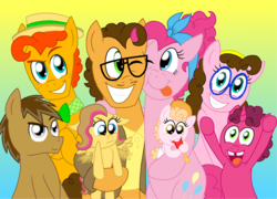 Size: 2001x1438 | Tagged: safe, artist:crazynutbob, cheese sandwich, pinkie pie, oc, oc:berry blast, oc:cheesecake chase, oc:fudge fondue, oc:pizza pockets, oc:rocky road, oc:sugar surprise, pegasus, pony, unicorn, g4, baby, baby pony, bandana, boater, bowtie, cheering, clothes, diaper, facial hair, family photo, female, flapping, foal, freckles, glasses, gradient background, headband, heartwarming in hindsight, jacket, male, next generation, offspring, older, parent:cheese sandwich, parent:pinkie pie, parents:cheesepie, screwdriver, ship:cheesepie, shipping, straight, teething, tooth gap, toy