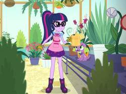 Size: 2048x1536 | Tagged: safe, screencap, sci-twi, spike, spike the regular dog, twilight sparkle, dog, equestria girls, g4, my little pony equestria girls: better together, my little shop of horrors, apron, boots, celestia's house, clothes, cute, flower, glasses, gloves, greenhouse, plant, plants, potted plant, shoes, spikabetes, twiabetes, watering can