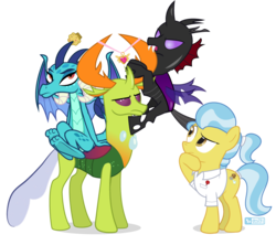 Size: 900x800 | Tagged: safe, artist:dm29, doctor fauna, pharynx, princess ember, thorax, changedling, changeling, dragon, earth pony, pony, celestial advice, fluttershy leans in, g4, season 7, to change a changeling, triple threat, annoyed, annoyed look, antlers, dragon lord ember, dragoness, equestrian pink heart of courage, female, food, king thorax, male, mare, muffin, simple background, thorax is not amused, transparent background, unamused