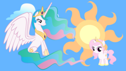 Size: 1920x1080 | Tagged: safe, artist:neodarkwing, edit, princess celestia, alicorn, pony, g4, beautiful, best princess, cewestia, crown, cute, cutelestia, cutie mark, day, ethereal mane, ethereal tail, female, filly, filly celestia, flowing mane, flowing tail, hoof shoes, jewelry, mare, multicolored mane, multicolored tail, pink mane, pink tail, pink-mane celestia, praise the sun, purple eyes, regalia, royalty, smiling, solo, tiara, wallpaper, wallpaper edit, younger