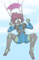 Size: 900x1367 | Tagged: safe, artist:flutterthrash, oc, oc only, oc:windcatcher, equestria girls, g4, clothes, commission, equestria girls-ified, female, goggles, jacket, jumpsuit, leather jacket, long sleeves, parachute, skydiving, spread legs, spreading, stockings, thigh highs, torn clothes, zettai ryouiki
