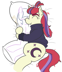 Size: 743x866 | Tagged: safe, artist:jargon scott, moondancer, twilight sparkle, pony, unicorn, g4, 30 minute art challenge, bed, body pillow, clothes, cuddling, eyes closed, female, happy, lesbian, lying down, mare, on side, ship:twidancer, shipping, solo, sweater
