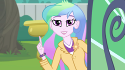 Size: 1280x720 | Tagged: safe, screencap, princess celestia, principal celestia, equestria girls, equestria girls series, g4, my little shop of horrors, blazer, bracelet, clothes, cutie mark accessory, female, finger, grin, jewelry, lipstick, offscreen character, pin, pov, shirt, smiling, solo, teeth