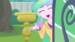 Size: 1280x720 | Tagged: safe, screencap, princess celestia, principal celestia, equestria girls, g4, my little pony equestria girls: better together, my little shop of horrors, ^^, blazer, bracelet, clothes, cute, cutie mark accessory, eyes closed, female, jewelry, open mouth, open smile, pin, shirt, smiling, solo