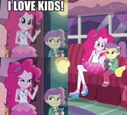 Size: 1920x1736 | Tagged: safe, edit, edited screencap, screencap, lily pad (g4), pinkie pie, equestria girls, g4, my little pony equestria girls: better together, pinkie sitting, babysitting, caption, clothes, couch, cropped, duo, duo female, female, hairband, i am an adult, image macro, implied pedophilia, innuendo, ipad, jacket, magical geodes, meme, out of context, pants, pantyhose, screencap comic, shoes, side ponytail, skirt, smiling, stranger danger, young