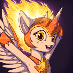 Size: 3000x3000 | Tagged: safe, artist:artbymrsun, daybreaker, alicorn, pony, a royal problem, g4, armpits, cute, cute little fangs, diabreaker, fangs, female, high res, looking at you, mane of fire, open mouth, outstretched arms, solo