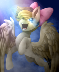 Size: 2438x2977 | Tagged: safe, artist:dustyonyx, songbird serenade, pegasus, pony, g4, my little pony: the movie, bow, crepuscular rays, female, hair bow, high res, mare, open mouth, solo, songbetes, spread wings, wings