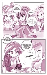 Size: 906x1463 | Tagged: safe, artist:lumineko, adagio dazzle, aria blaze, sonata dusk, sunset shimmer, comic:homesick, equestria girls, g4, comic, dialogue, doujin, drink, eating, explicit source, eyes closed, female, food, geode of empathy, looking at each other, smiling, taco, that siren sure does love tacos, unamused