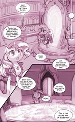 Size: 906x1463 | Tagged: safe, artist:lumineko, sunset shimmer, pony, unicorn, comic:homesick, equestria girls, g4, book, castle, clothes, comic, dialogue, doujin, explicit source, female, library, mare, open mouth, portal, solo, twilight's castle