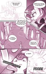 Size: 906x1463 | Tagged: safe, artist:lumineko, sunset shimmer, pony, unicorn, comic:homesick, equestria girls, g4, castle, clothes, comic, cutie mark, dialogue, doujin, explicit source, female, implied fluttershy, looking down, magic, magic trap, mare, oh shi-!, open mouth, portal, smiling, solo, trap (device), twilight's castle