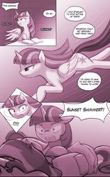 Size: 906x1463 | Tagged: safe, artist:lumineko, sunset shimmer, twilight sparkle, alicorn, pony, unicorn, comic:homesick, equestria girls, g4, book, castle, clothes, comic, dialogue, doujin, explicit source, female, floppy ears, implied starlight glimmer, mare, open mouth, teary eyes, twilight sparkle (alicorn), twilight's castle, wide eyes, worried