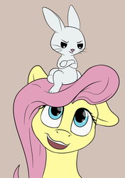 Size: 2233x3174 | Tagged: safe, artist:nudeknightart, angel bunny, fluttershy, pony, g4, brown background, bust, crossed arms, cute, duo, female, gray background, grin, high res, looking at each other, mare, open mouth, shyabetes, simple background, sitting on head, smiling, smirk