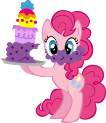 Size: 387x450 | Tagged: safe, pinkie pie, g4, blue, cake, cutie mark, dark pink, food, orange, pink, purple, simple background, tail, transparent background, wings, yellow