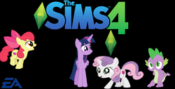 Size: 2612x1336 | Tagged: safe, apple bloom, spike, sweetie belle, twilight sparkle, alicorn, dragon, earth pony, pony, unicorn, g4, 1000 hours in ms paint, black background, ea, electronic arts, female, filly, male, mare, plumbob, simple background, the sims, thief image, twilight sparkle (alicorn), wat