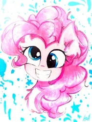 Size: 2117x2821 | Tagged: safe, artist:liaaqila, pinkie pie, earth pony, pony, g4, abstract background, bust, derp, female, high res, portrait, silly, silly pony, smiling, solo, traditional art