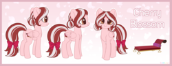 Size: 3683x1425 | Tagged: safe, artist:hawthornss, oc, oc only, oc:cherry blossom, bow, butt, hair bow, looking at you, plot, reference sheet