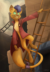 Size: 2429x3497 | Tagged: safe, artist:luximus17, capper dapperpaws, abyssinian, cat, anthro, digitigrade anthro, g4, my little pony: the movie, chest fluff, clothes, coat, high res, ladder, male, smiling, solo