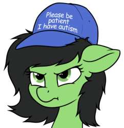 Size: 1634x1689 | Tagged: safe, artist:smoldix, oc, oc only, oc:filly anon, :t, autism, clothes, cute, female, filly, floppy ears, frown, glare, hat, looking up, meme, ocbetes, please be patient i have autism, scrunchy face, simple background, solo, transparent background