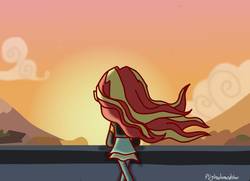 Size: 1378x999 | Tagged: safe, artist:psychodiamondstar, sunset shimmer, equestria girls, g4, my past is not today, cloud, female, mountain, outdoors, pun, rear view, signature, sky, solo, standing, sunset, visual pun, wind
