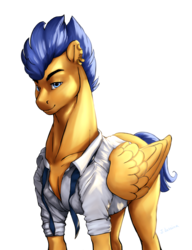 Size: 1000x1300 | Tagged: safe, artist:makkah, flash sentry, pegasus, pony, g4, clothes, ear piercing, flash hunktry, male, necktie, piercing, shirt, simple background, smiling, solo, stallion, stupid sexy flash sentry