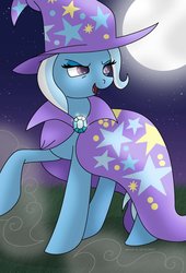 Size: 1024x1507 | Tagged: safe, artist:lavenderrain24, trixie, pony, g4, cape, clothes, evil smirk, female, full moon, hat, mare, moon, night, raised hoof, smiling, solo, stars, trixie's cape, trixie's hat