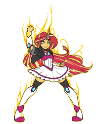 Size: 1085x1367 | Tagged: dead source, safe, artist:reiduran, sunset shimmer, equestria girls, g4, clothes, dress, female, fiery shimmer, fire, magical girl, magical sunset-chan, miniskirt, simple background, skirt, socks, solo, thigh highs, thigh socks, white background