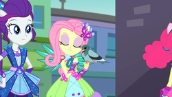 Size: 1366x768 | Tagged: safe, screencap, fluttershy, pinkie pie, rarity, pigeon, equestria girls, g4, my little pony equestria girls: better together, super squad goals, canterlot city, crystal guardian, crystal wings, female, ponied up, wings