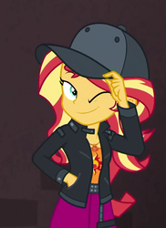 Size: 678x930 | Tagged: safe, screencap, sunset shimmer, display of affection, equestria girls, g4, my little pony equestria girls: better together, cap, female, flanksy, hat, one eye closed, solo, wink