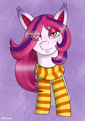 Size: 700x1000 | Tagged: dead source, safe, artist:afterman, oc, oc only, oc:arrhythmia, bat pony, bedroom eyes, blushing, bust, clothes, eyeshadow, head, makeup, scarf, solo
